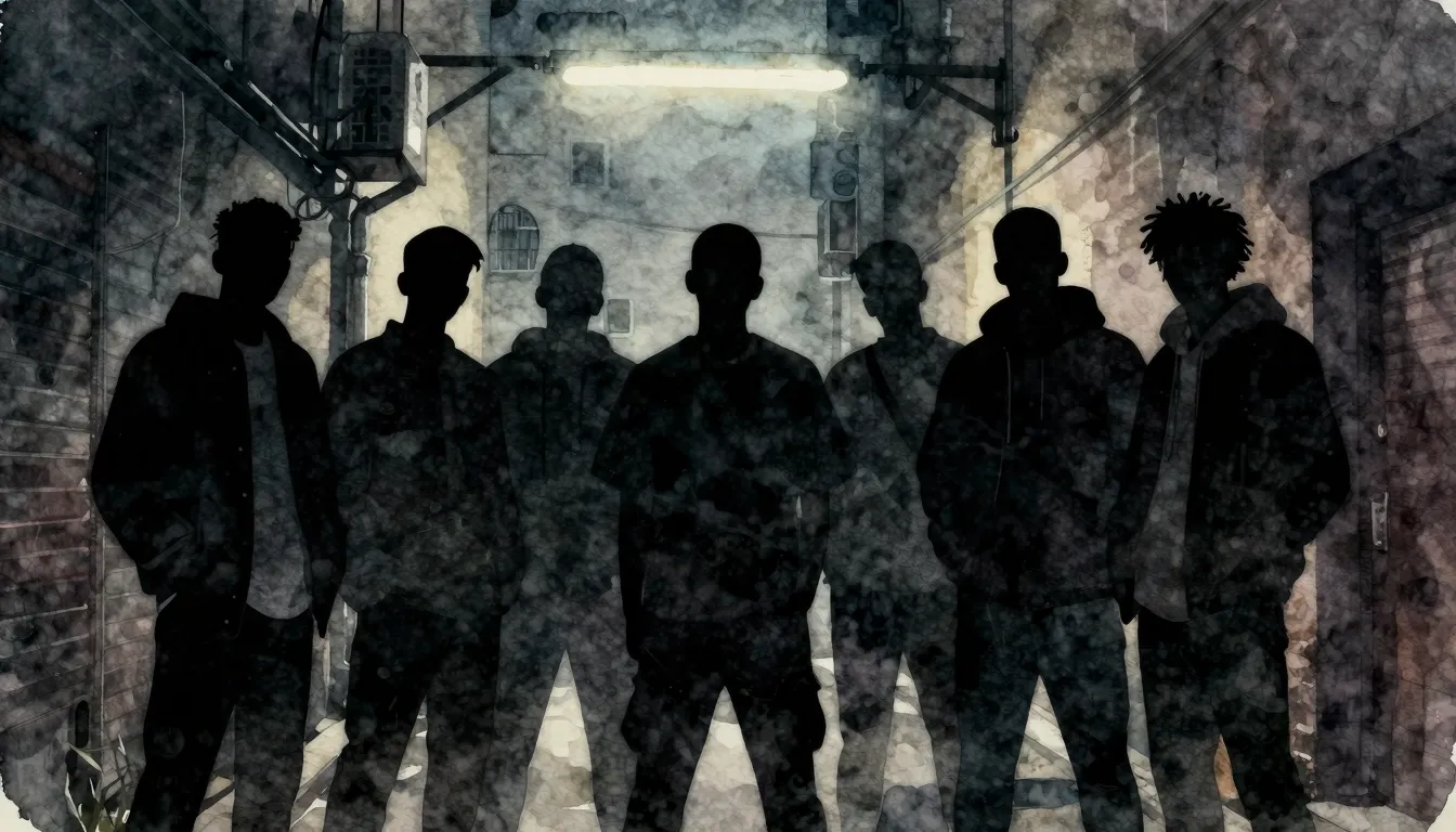 Watercolor style. Silhouettes of seven friends standing toge...