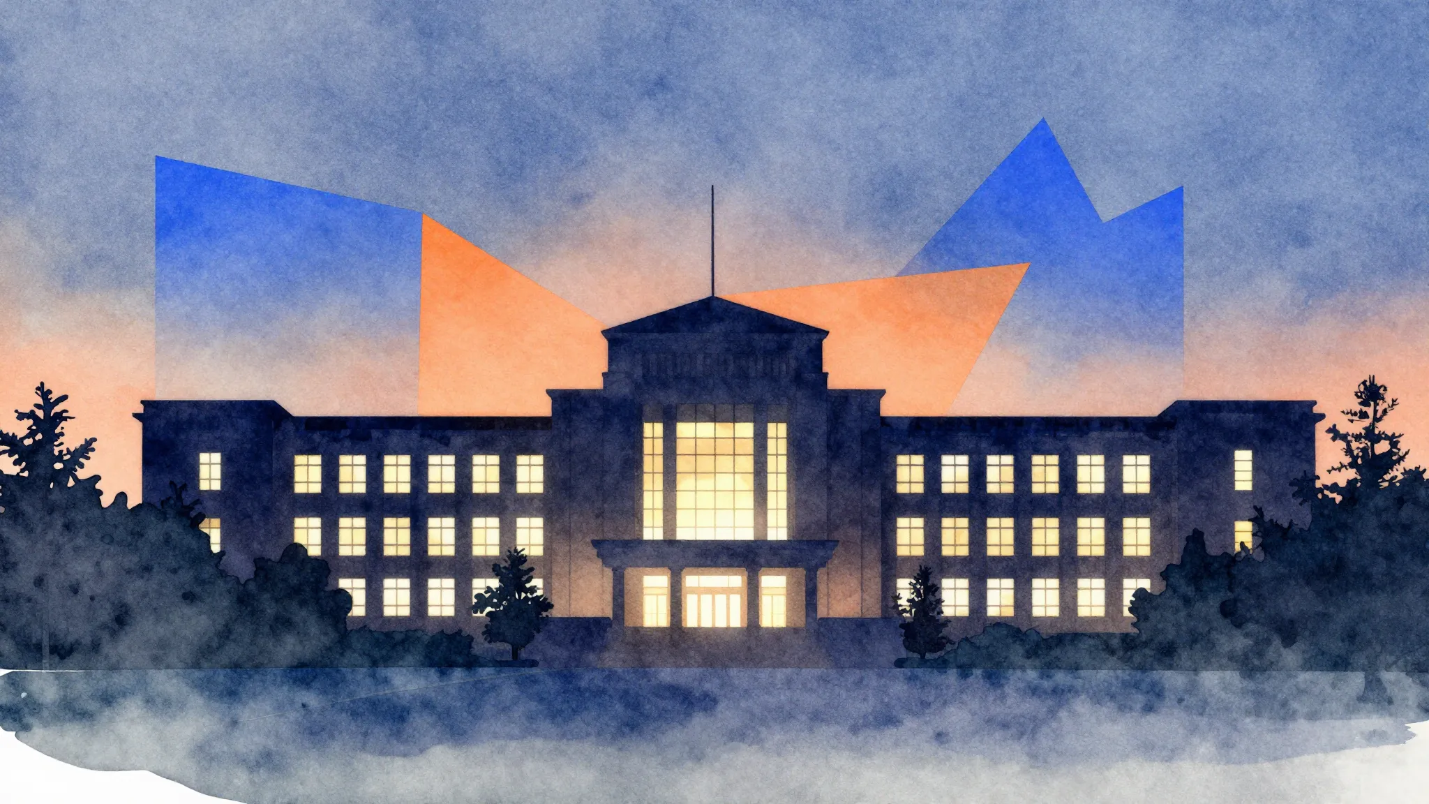 Watercolor style. A silhouette of a large university buildin...