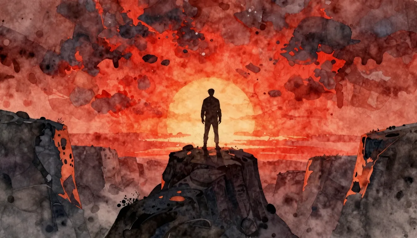Watercolor style. A dark silhouette standing on a cliff agai...