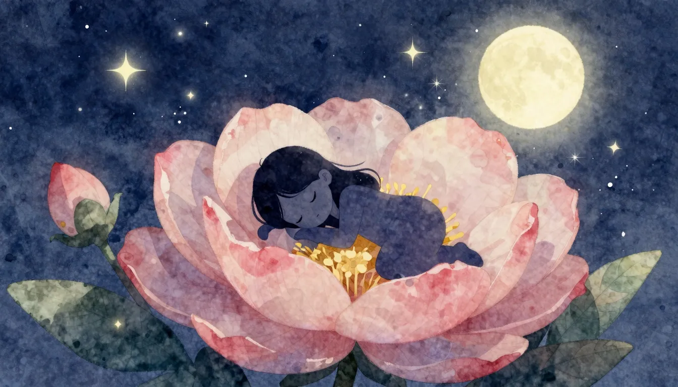 Watercolor style. A tiny silhouette of a girl sleeping in a ...