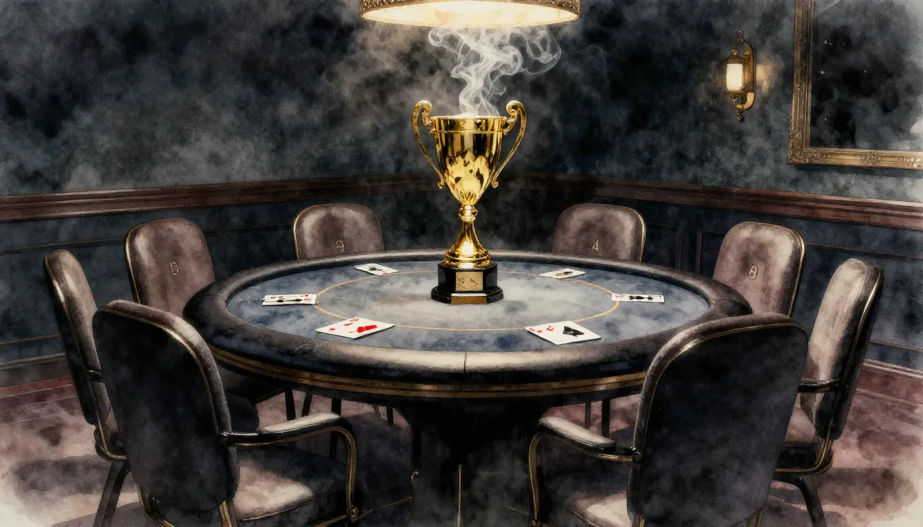 Watercolor style. A stylish dark room with a poker table, 13...