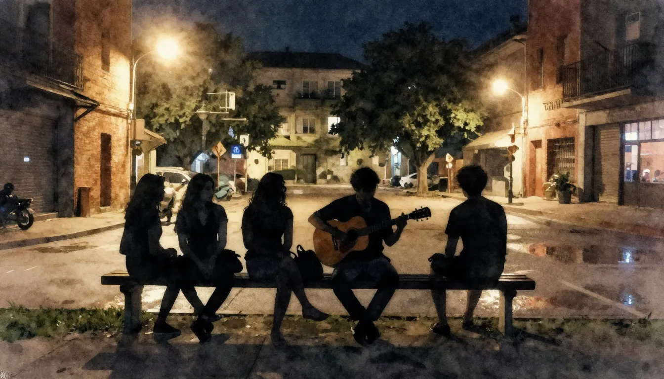 Watercolor style. A dimly lit courtyard at night, silhouette...