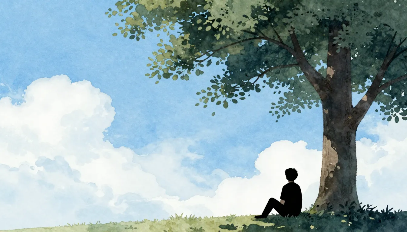 Watercolor style. Silhouette of a person sitting under a lar...