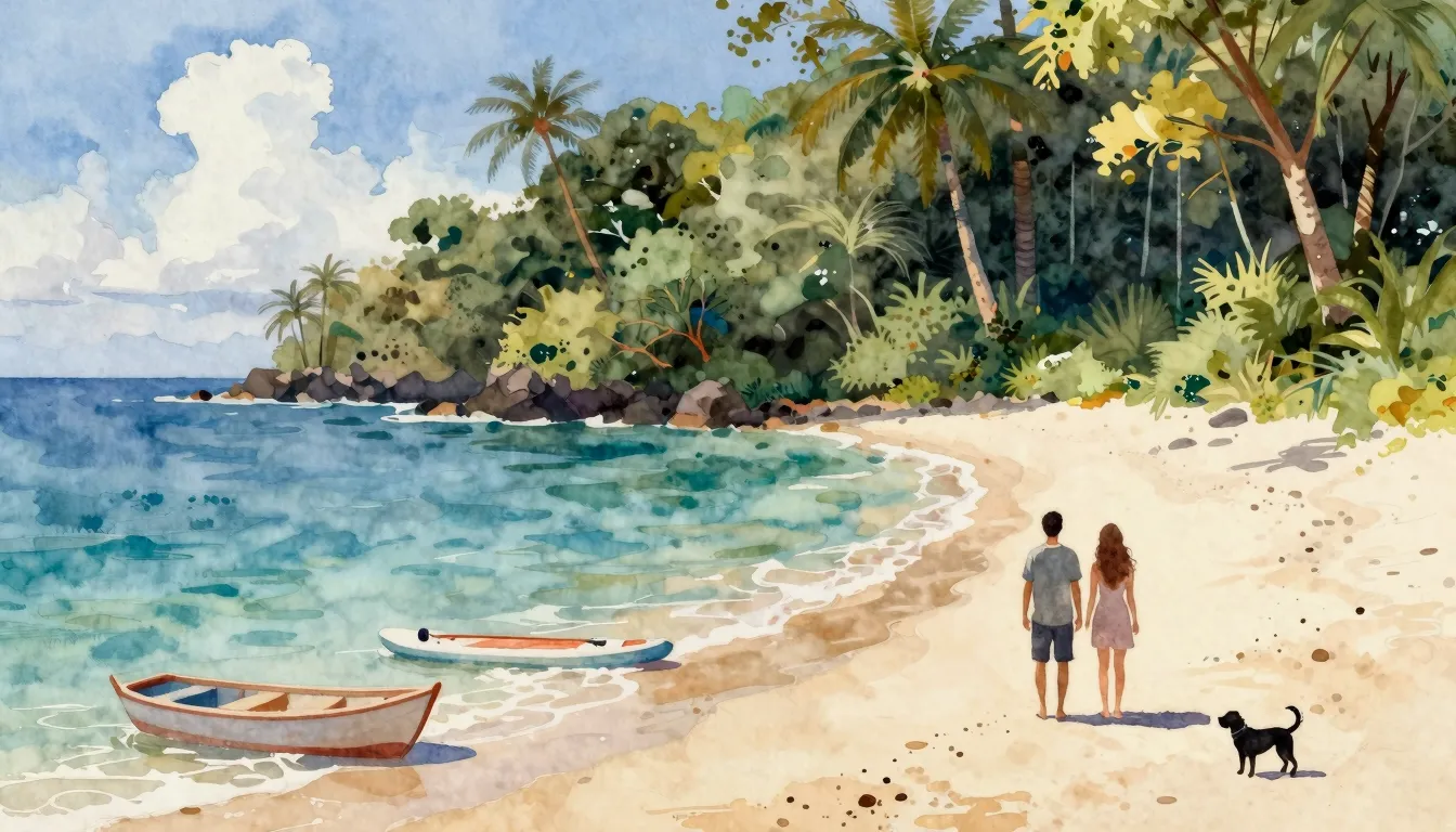 Watercolor style. A beautiful ocean island with a magical fo...