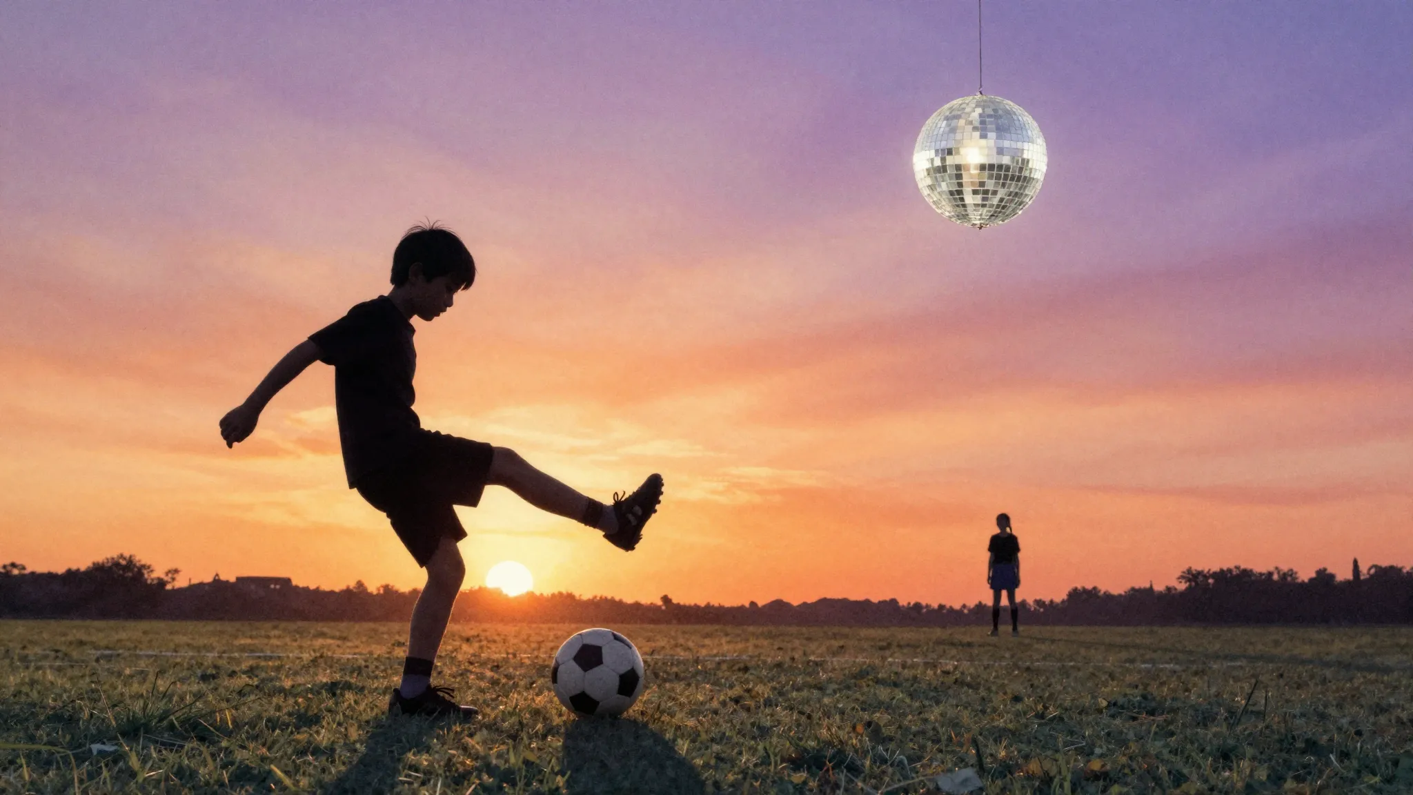 Watercolor style. A silhouette of a boy kicking a soccer bal...