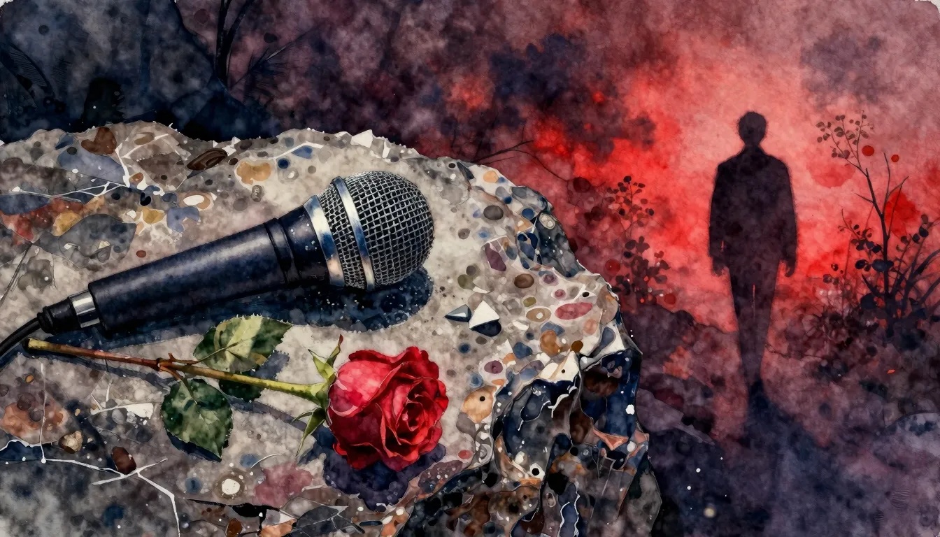 Vibrant watercolor style. Rock album cover. A broken microph...