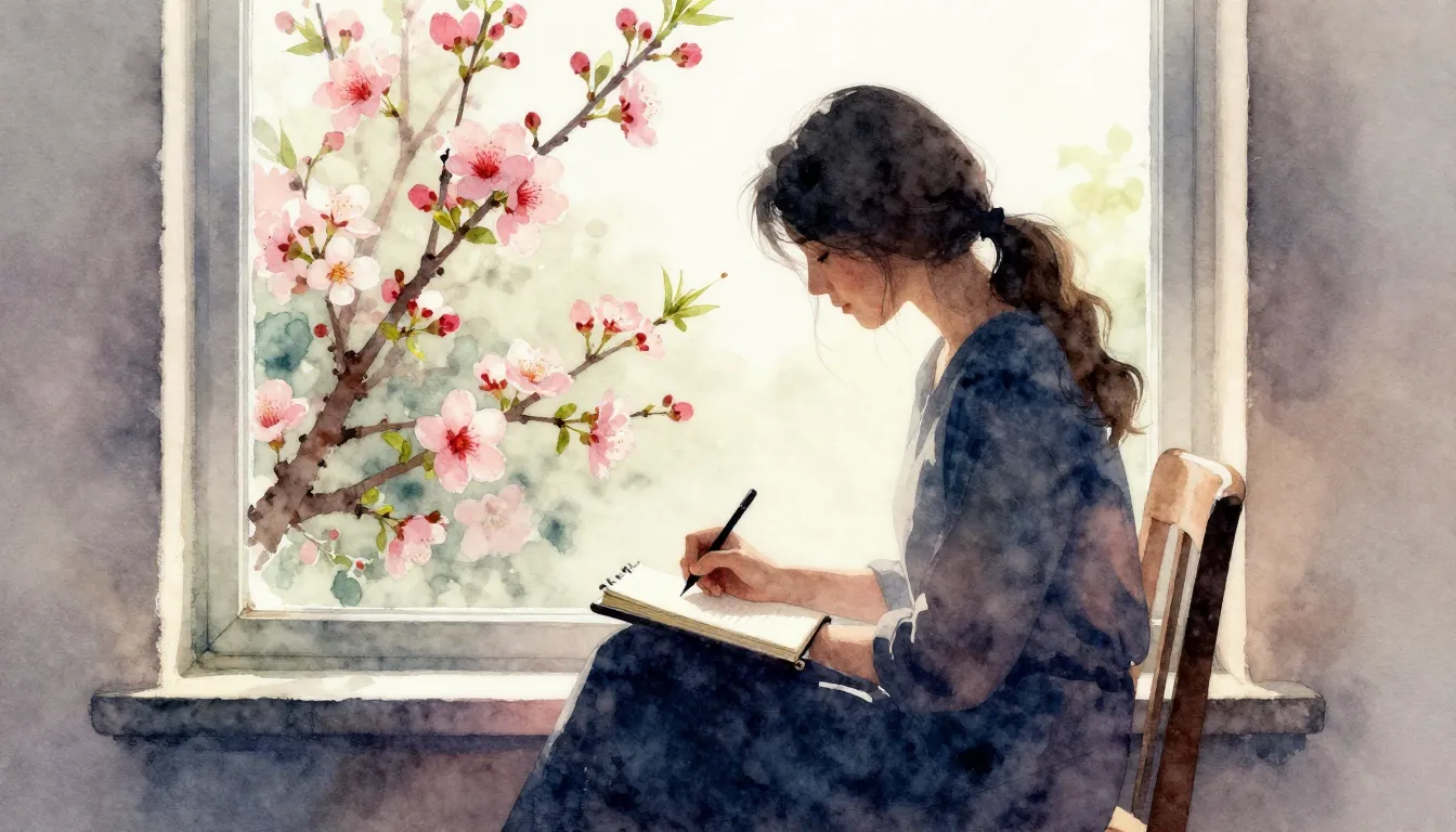 Watercolor style. A silhouette of a woman sitting by a windo...