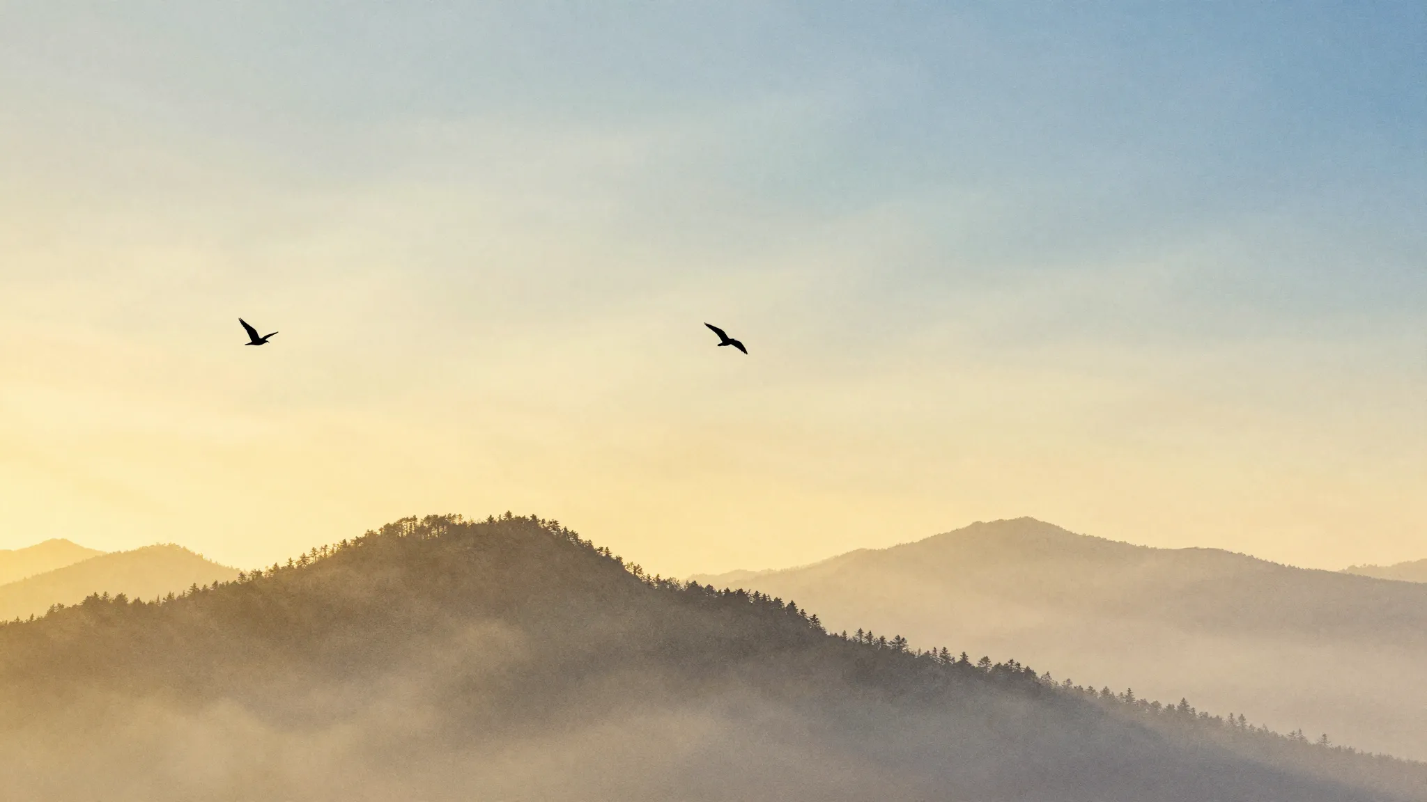 Watercolor style. Golden sunrise over mountain peaks, silhou...