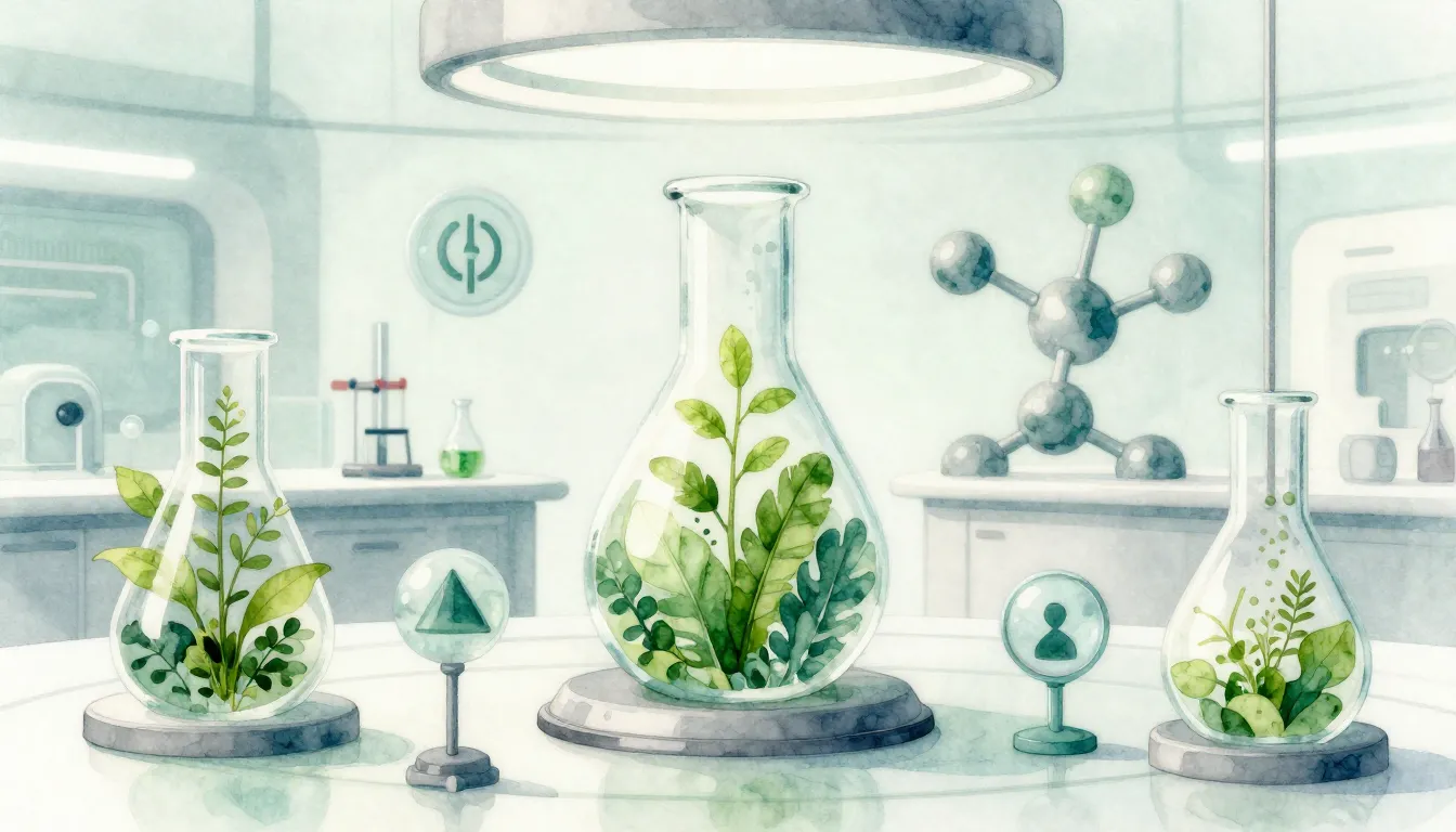 Watercolor style. A futuristic laboratory with green plants ...