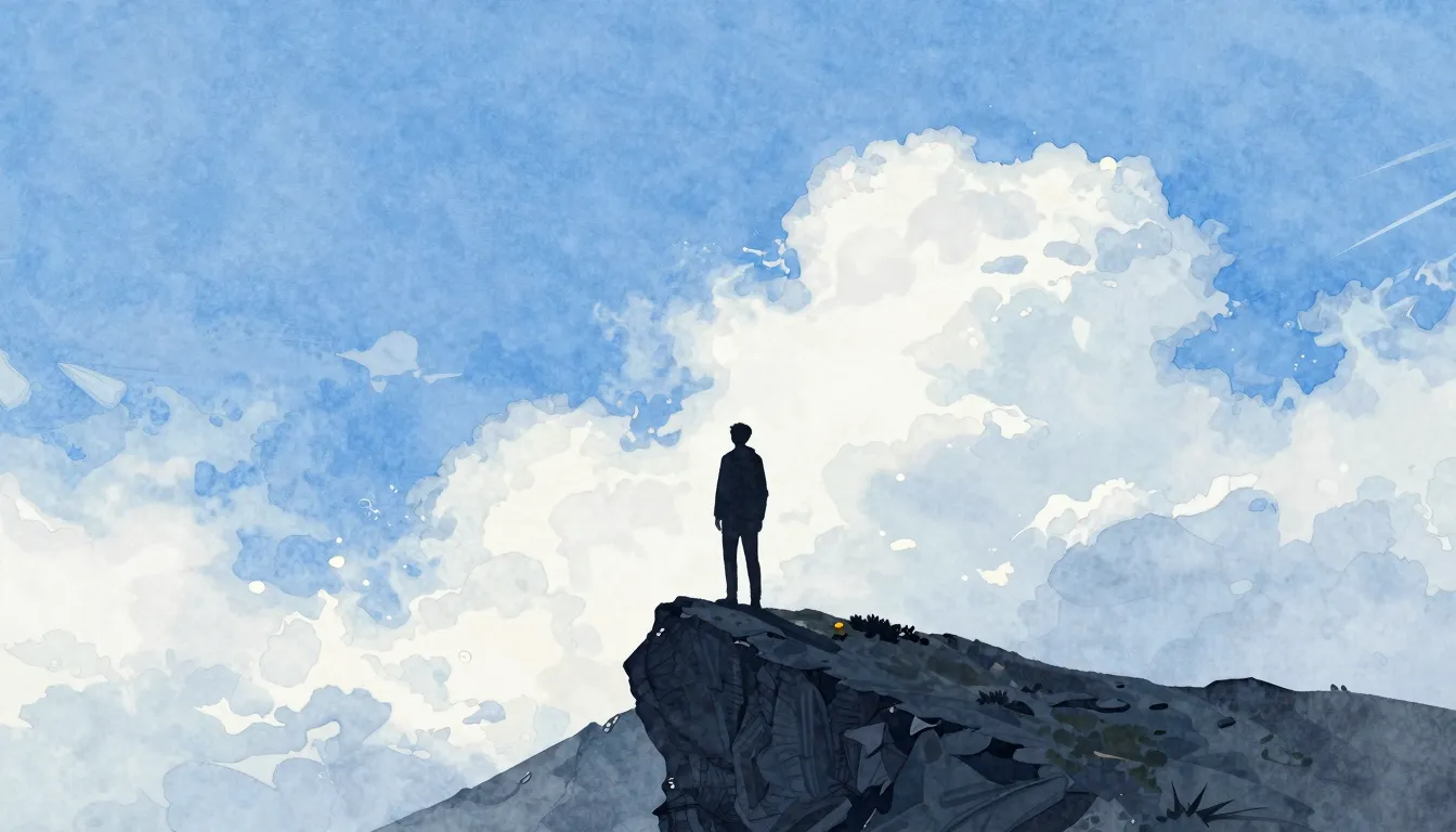 Watercolor style. A dark silhouette of a person standing on ...