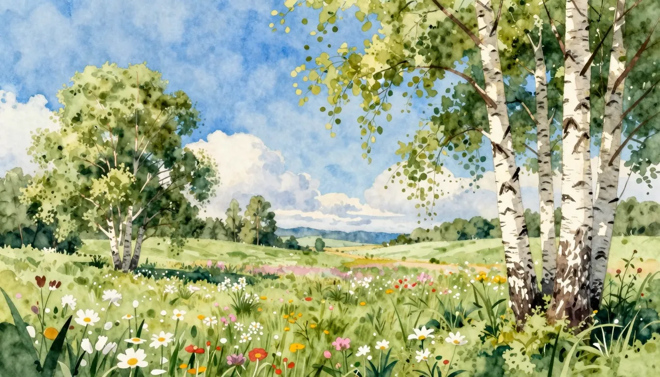 Watercolor style. A beautiful summer landscape with white bi...