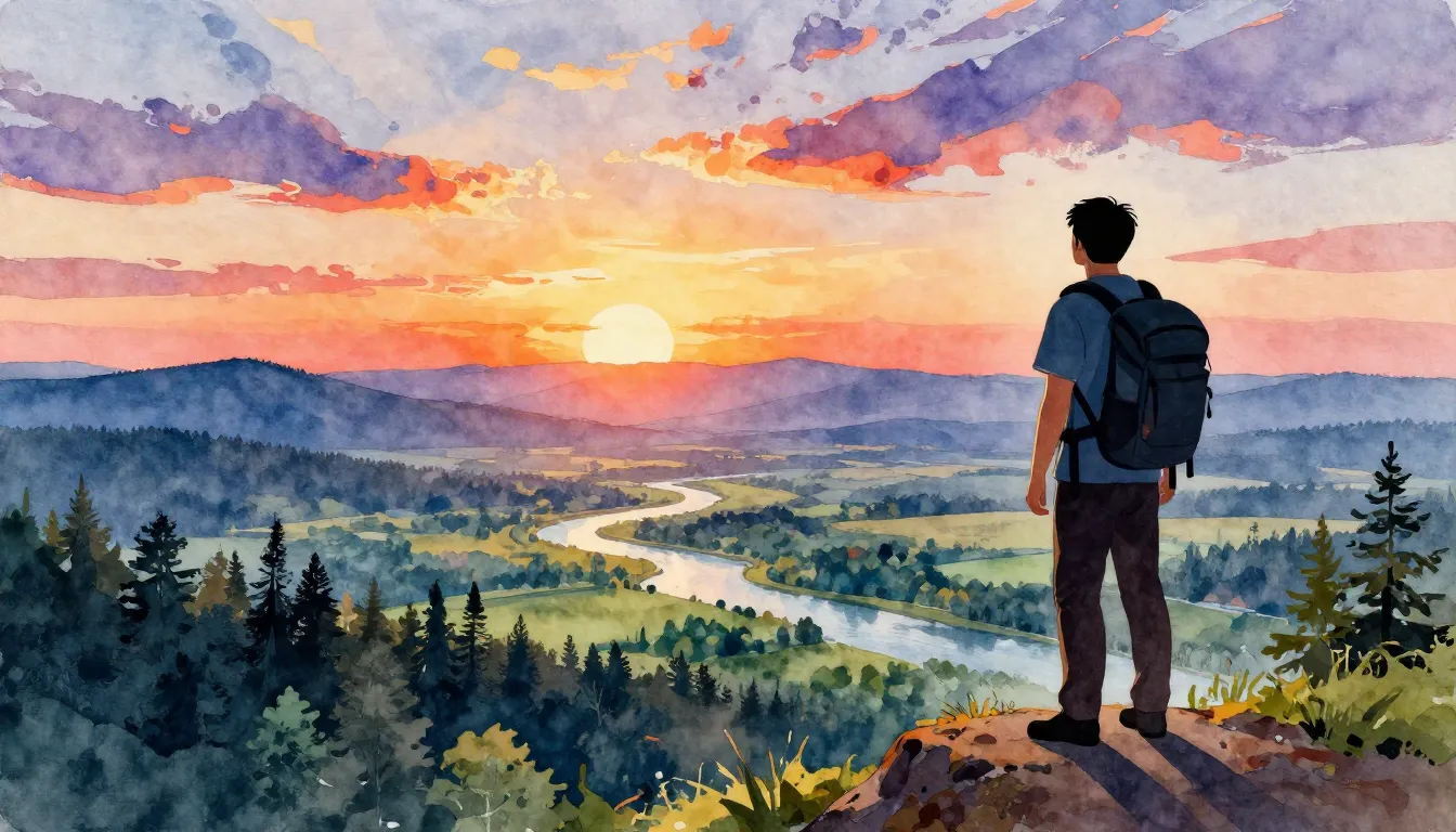 Watercolor style. A bright silhouette of a traveler standing...