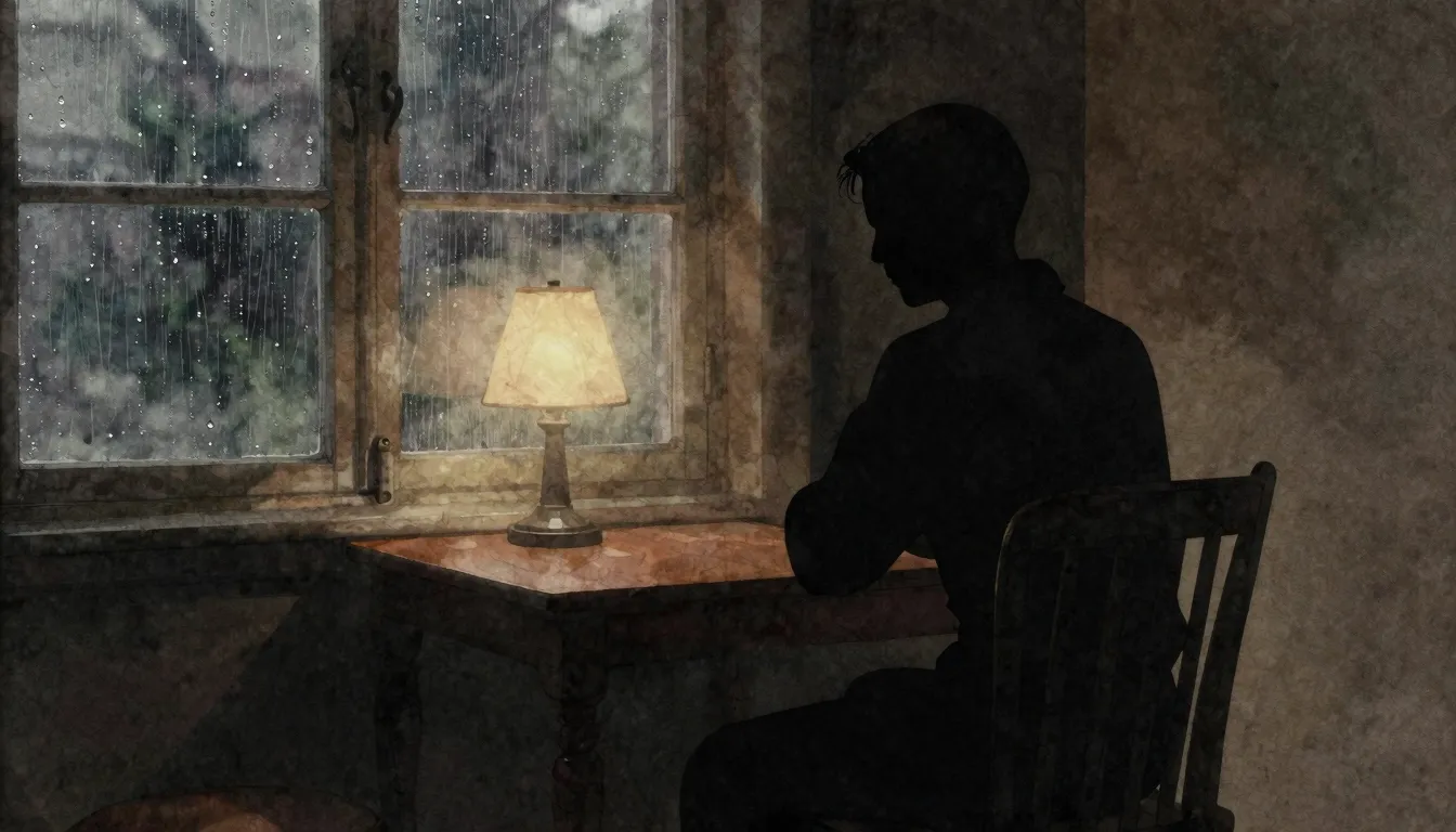 Watercolor style. A silhouette of a person sitting alone at ...