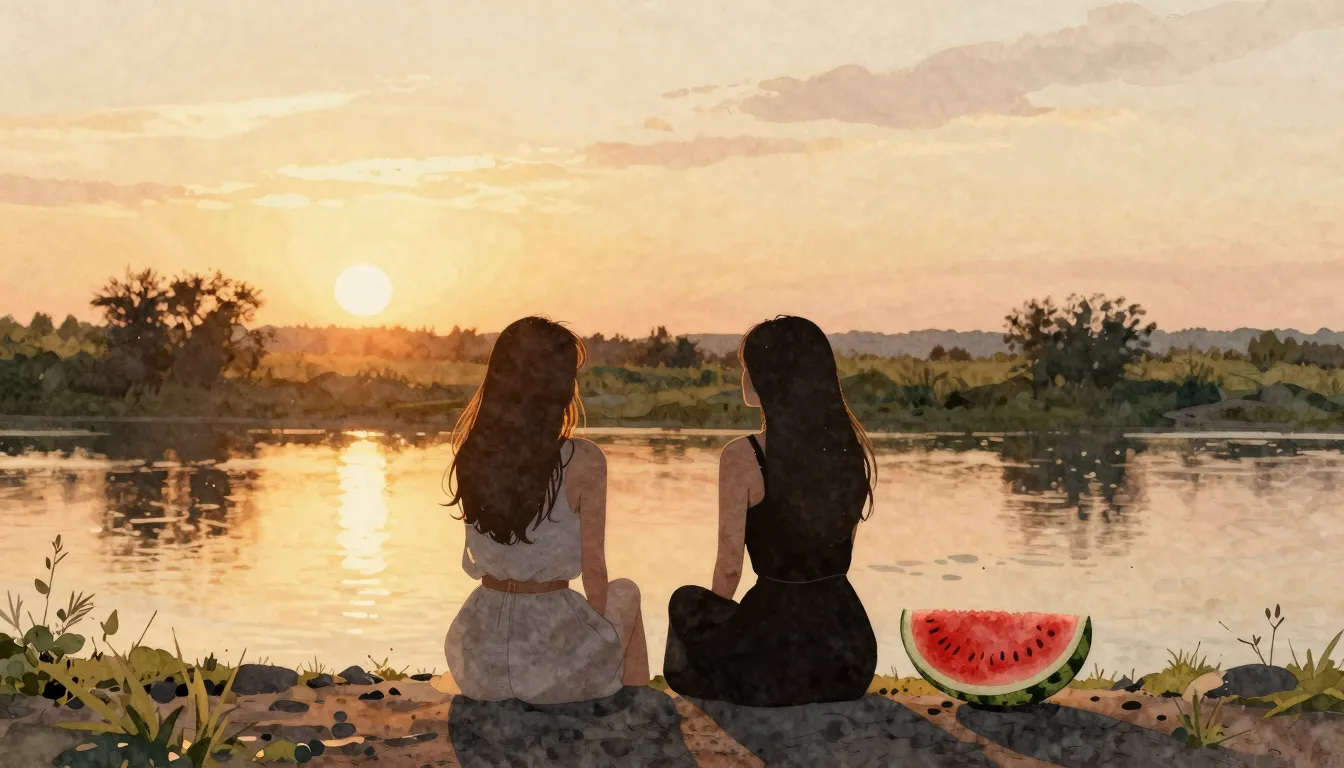 Watercolor style. A minimalist silhouette of two female frie...