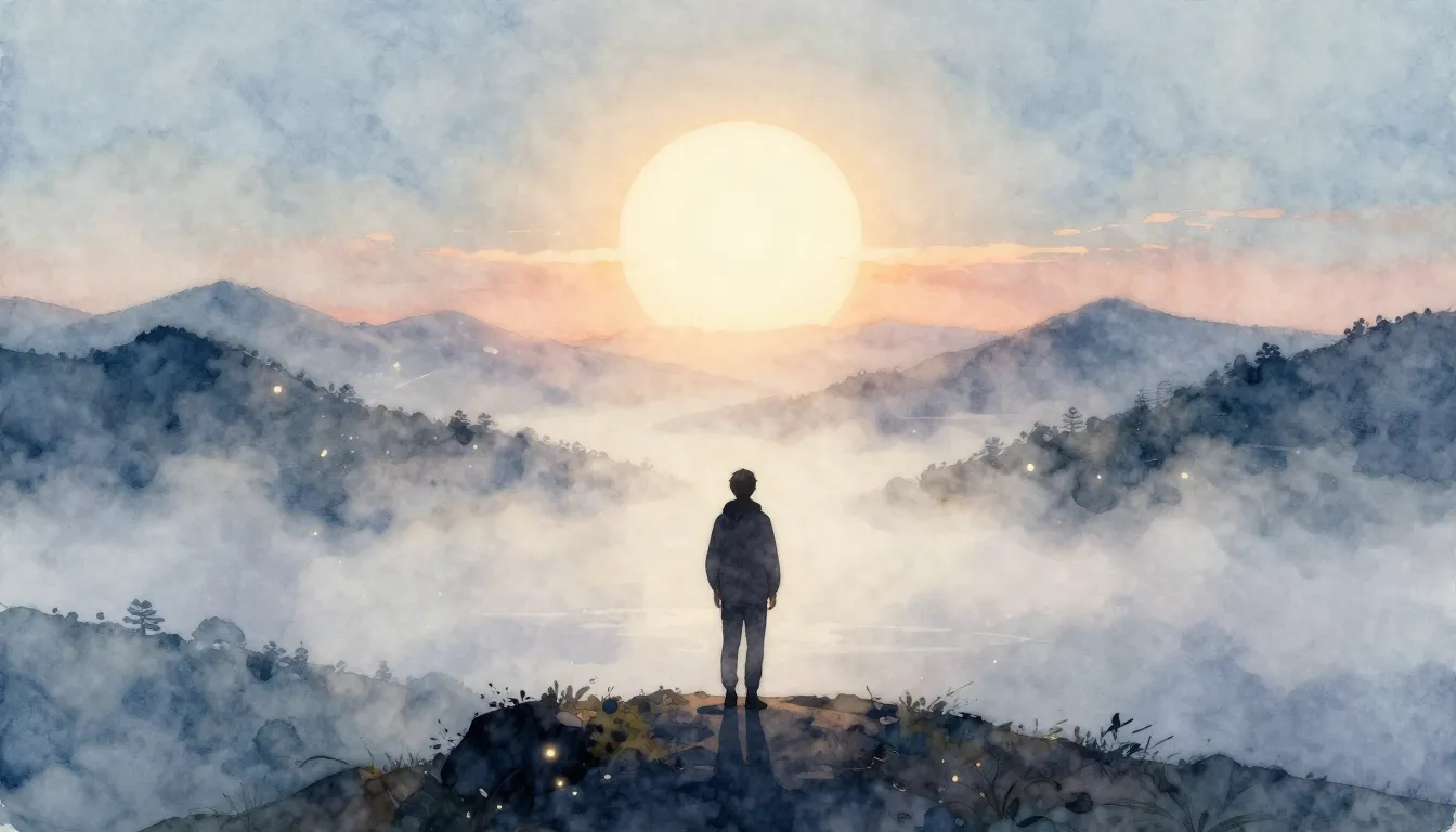 Watercolor style. A peaceful landscape with a bright glowing...