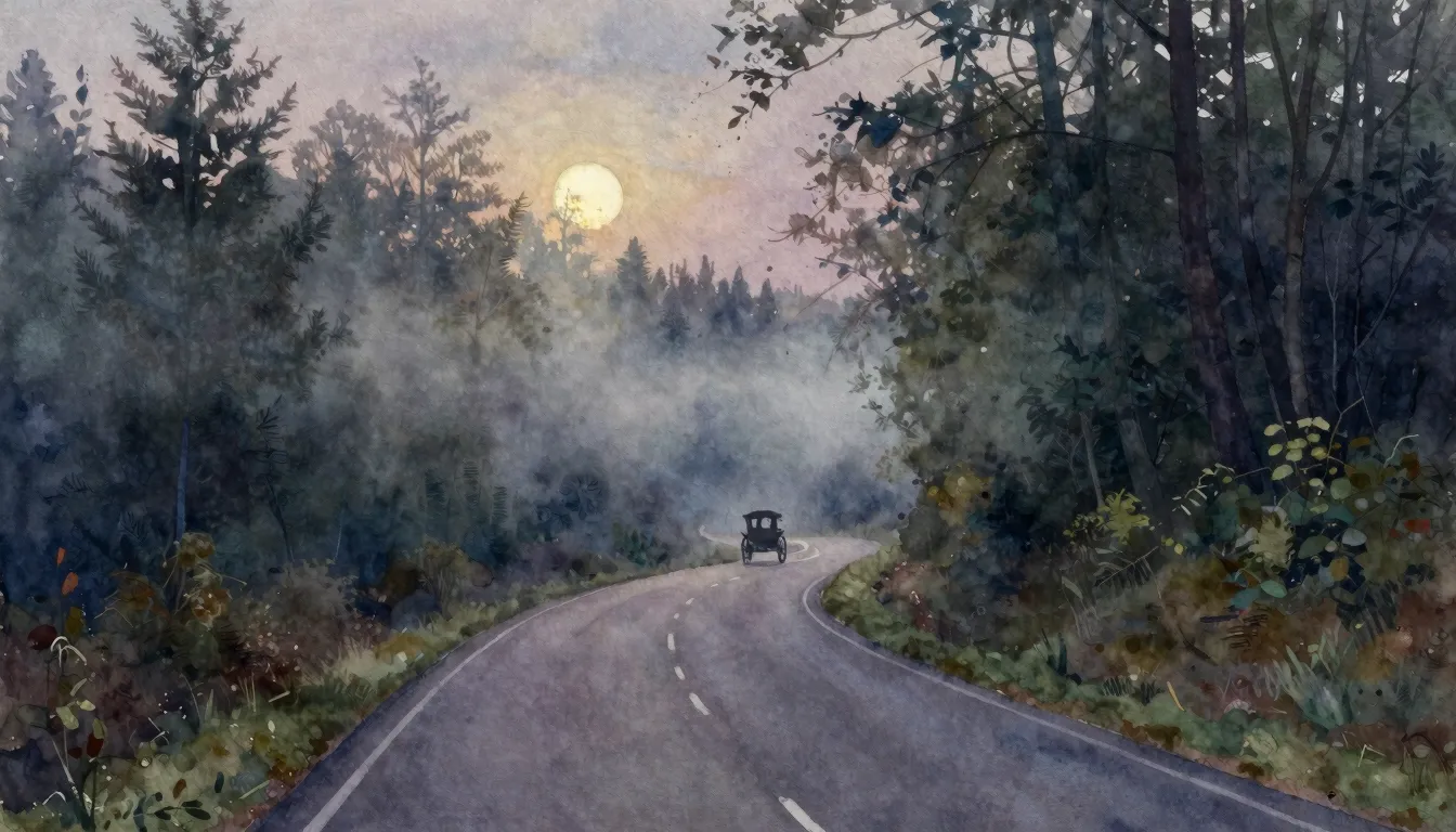 Watercolor style. A lonely winding road through a misty fore...