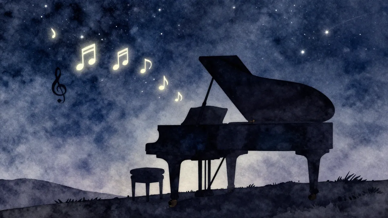 Watercolor style. Silhouette of a grand piano on a hill unde...