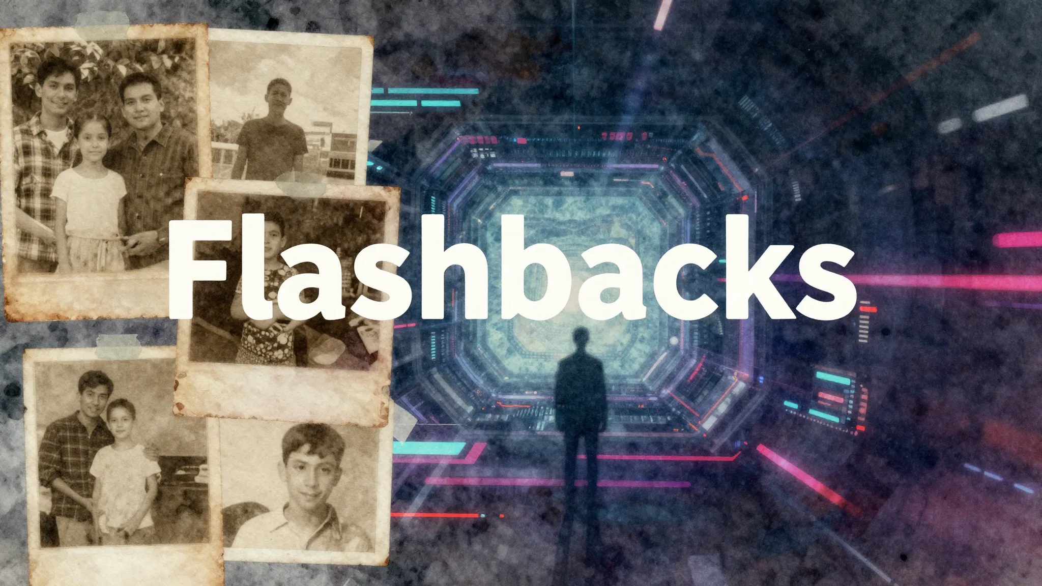 Vibrant watercolor style. Trap album cover: "Flashbacks" the...