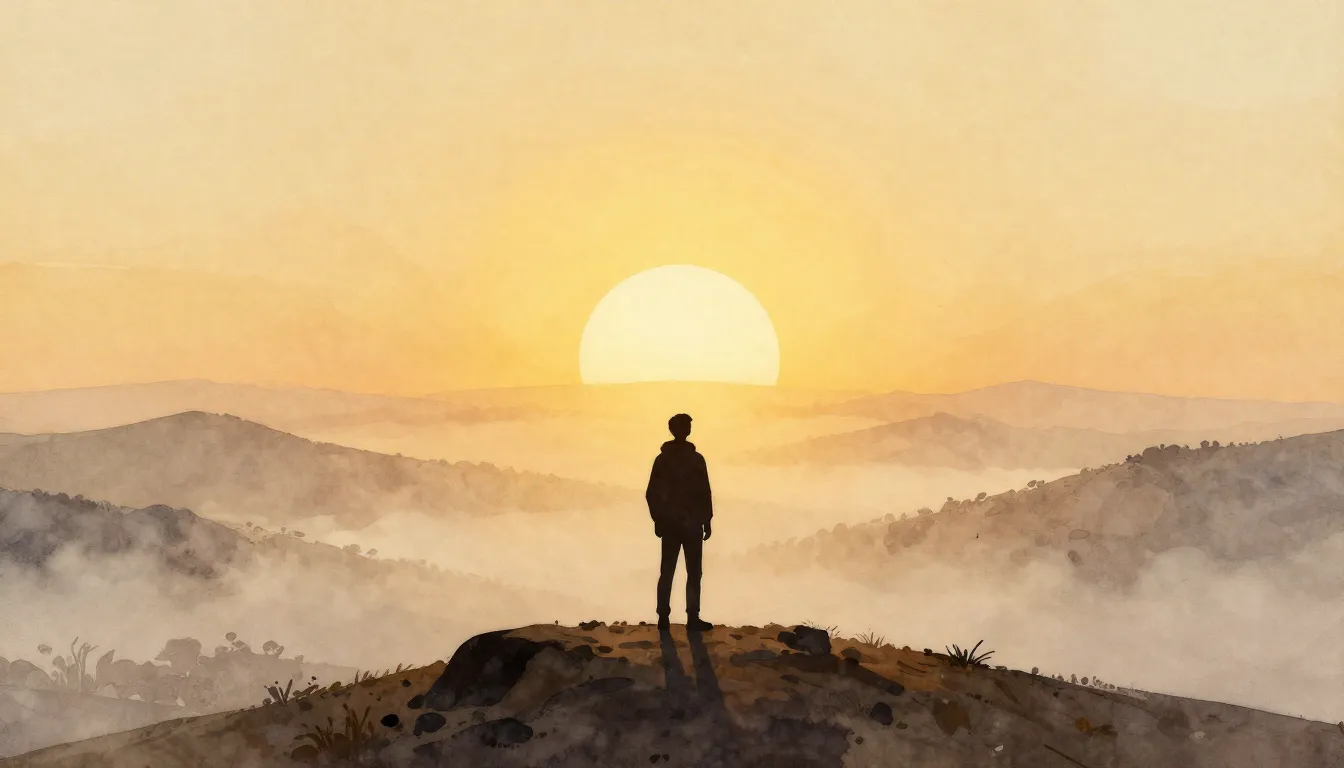 Watercolor style. A silhouette of a lonely traveler standing...