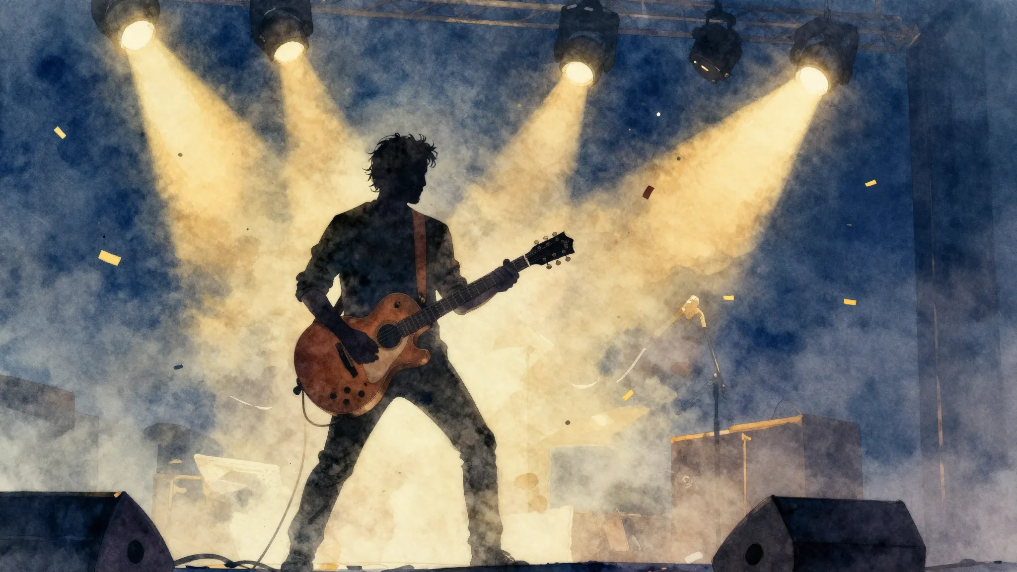 Watercolor style. A silhouette of a man with a guitar on a s...