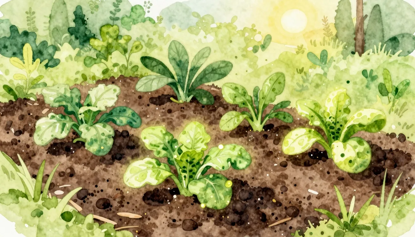 Watercolor style. A cozy eco-farm with rich dark soil, healt...