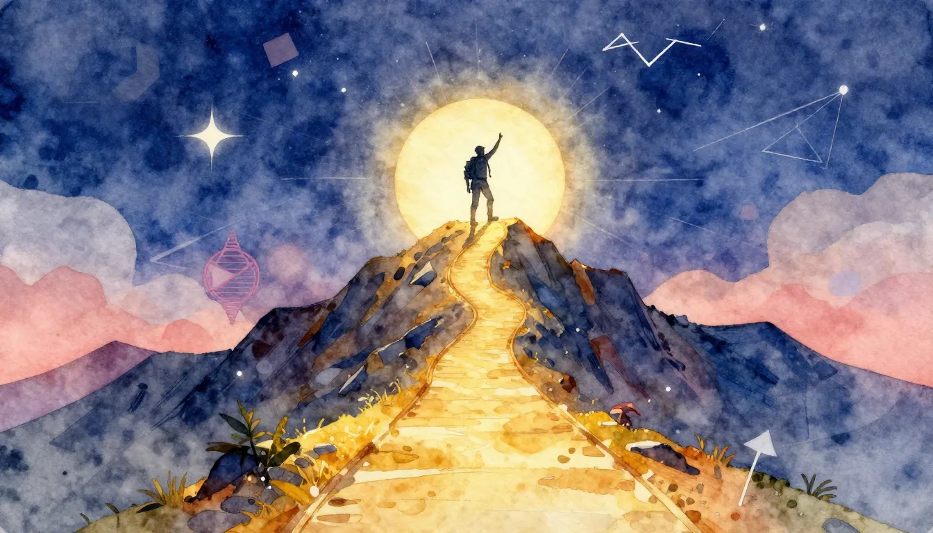 Watercolor style. A golden path leading up a mountain peak, ...