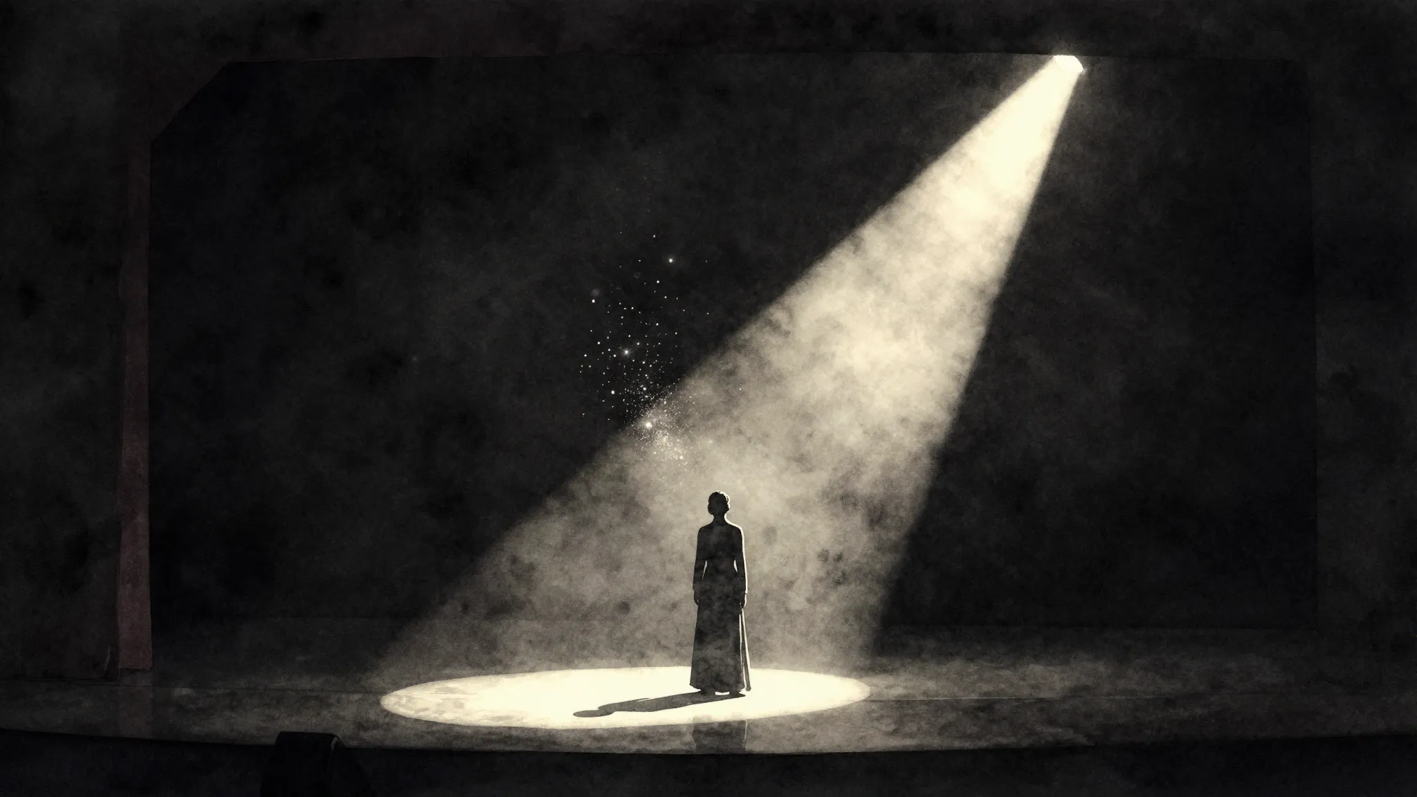 Watercolor style. A dark theater stage with a single bright ...
