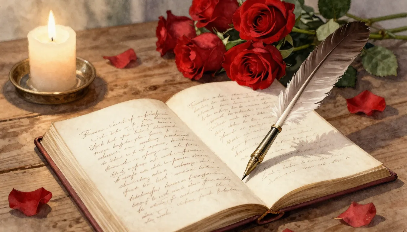 Watercolor style. A vintage quill pen, an open book with ele...