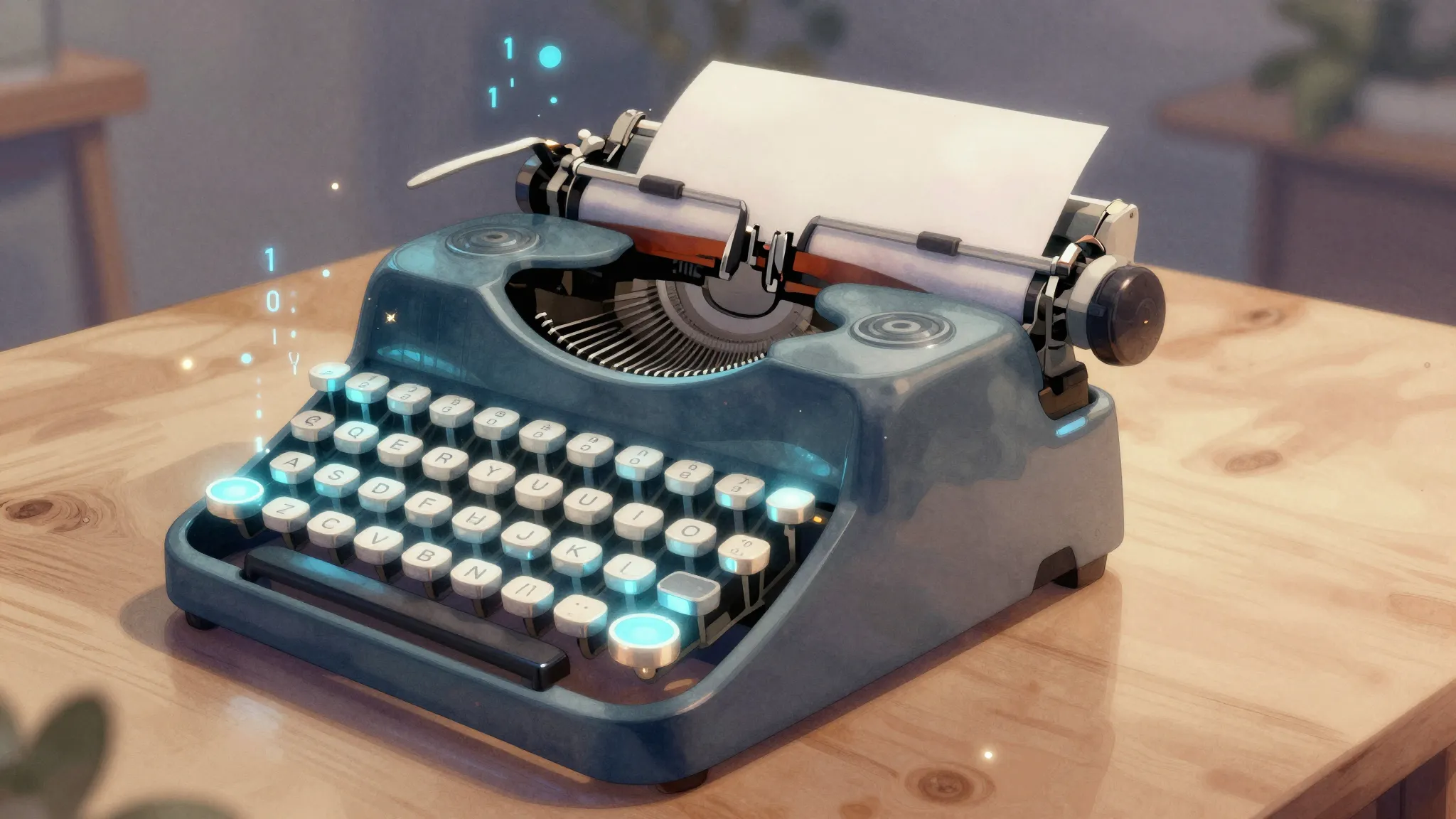 Watercolor style. Futuristic glowing typewriter on a wooden ...