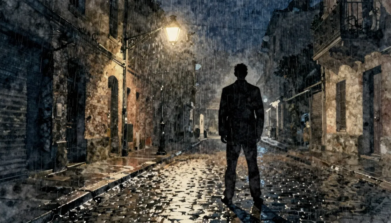 Watercolor style. A silhouette of a man stands under a singl...