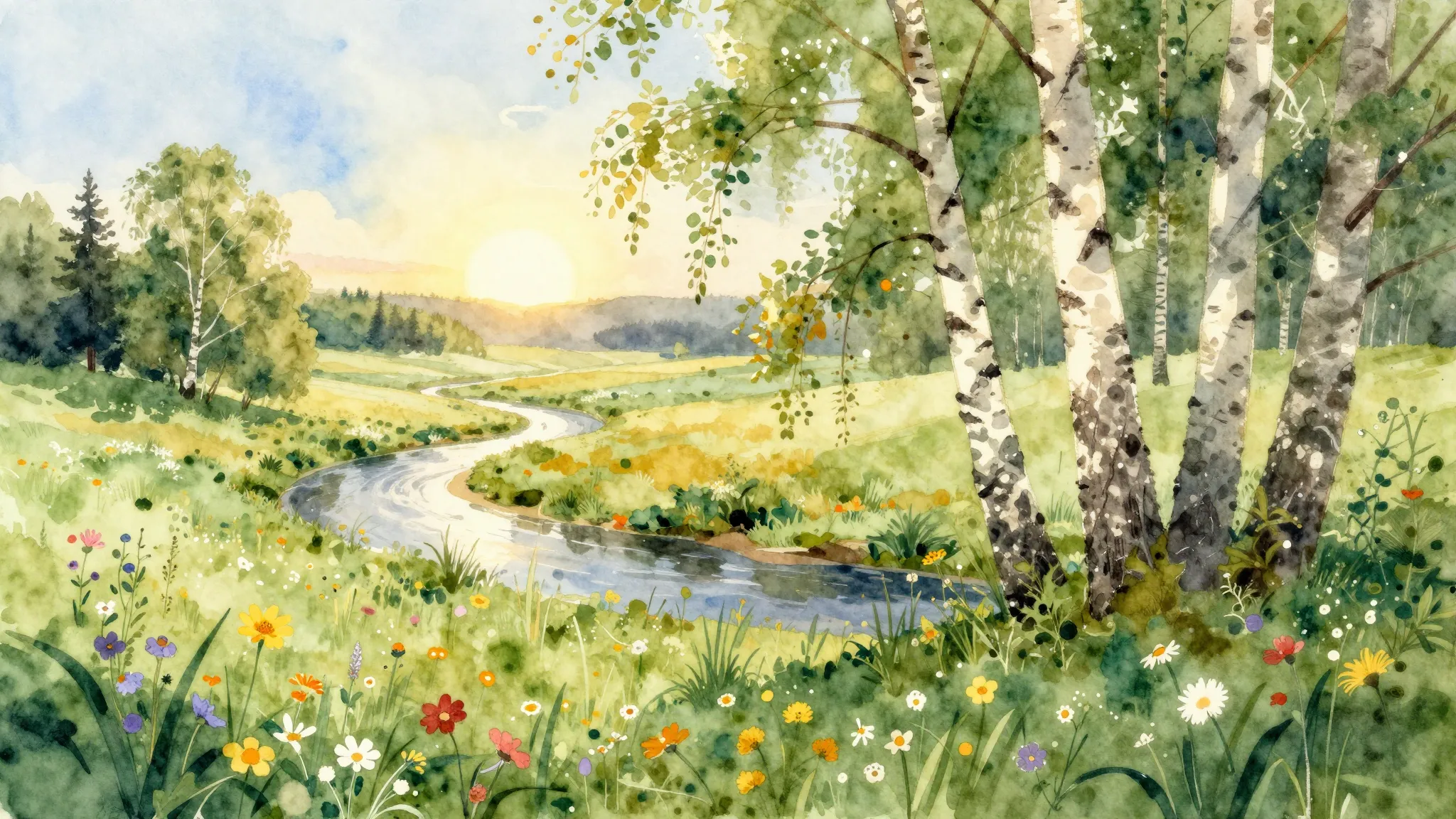 Vibrant watercolor style. Folk song album cover, serene Russ...