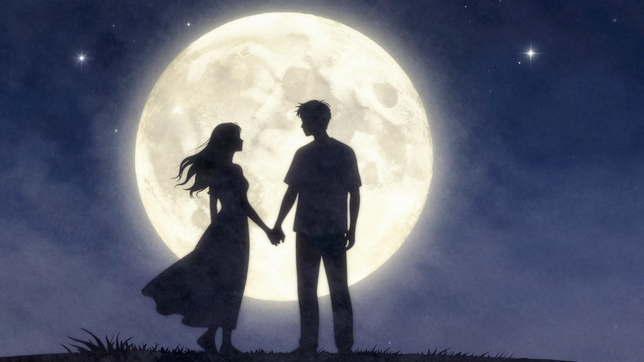 Watercolor style. Silhouette of a couple holding hands under...