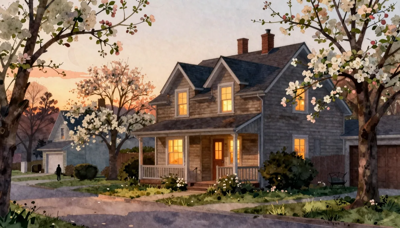 Watercolor style. Cozy suburban street at sunset, warm light...