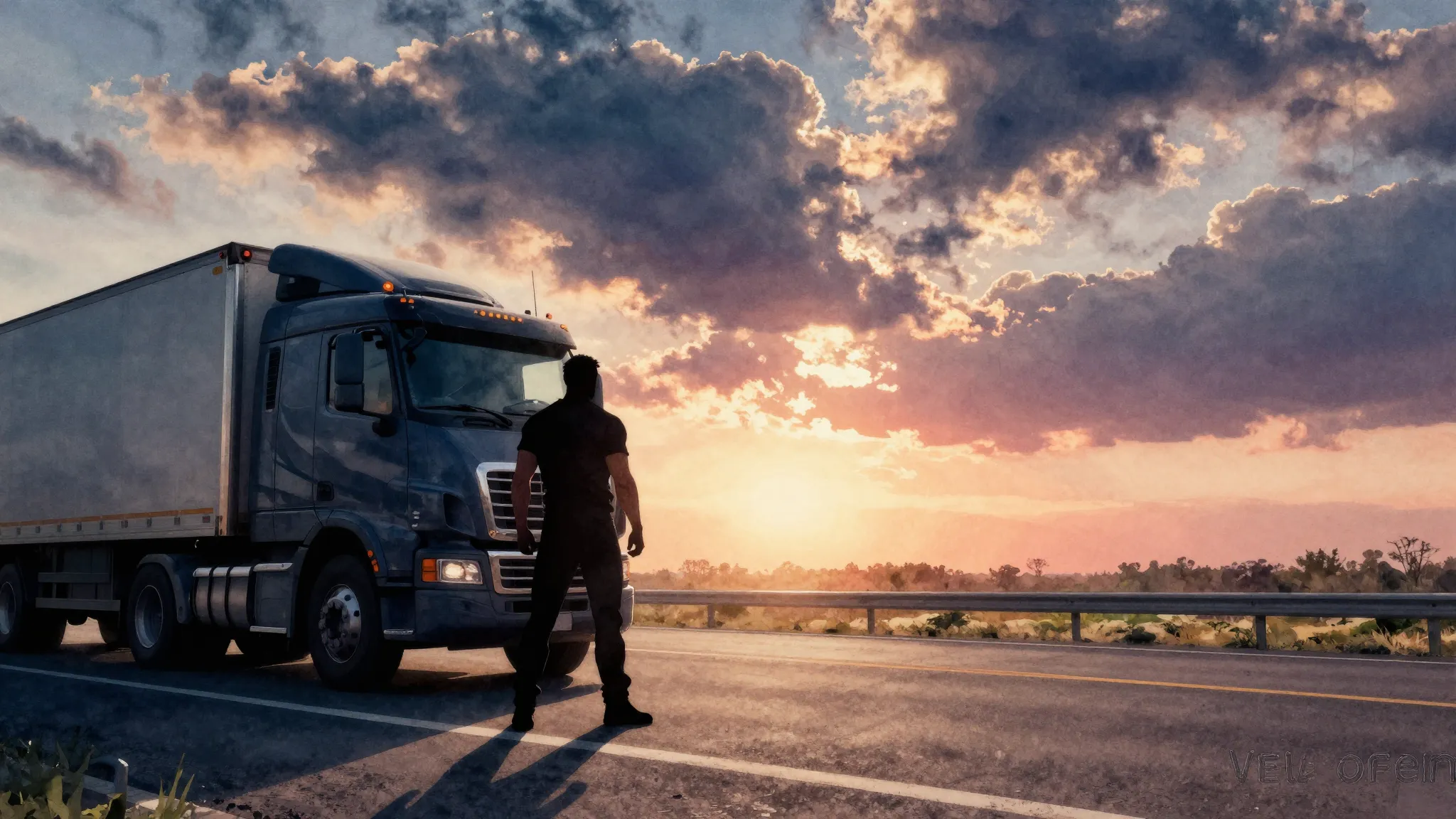 Watercolor style. A dark silhouette of a strong man standing...