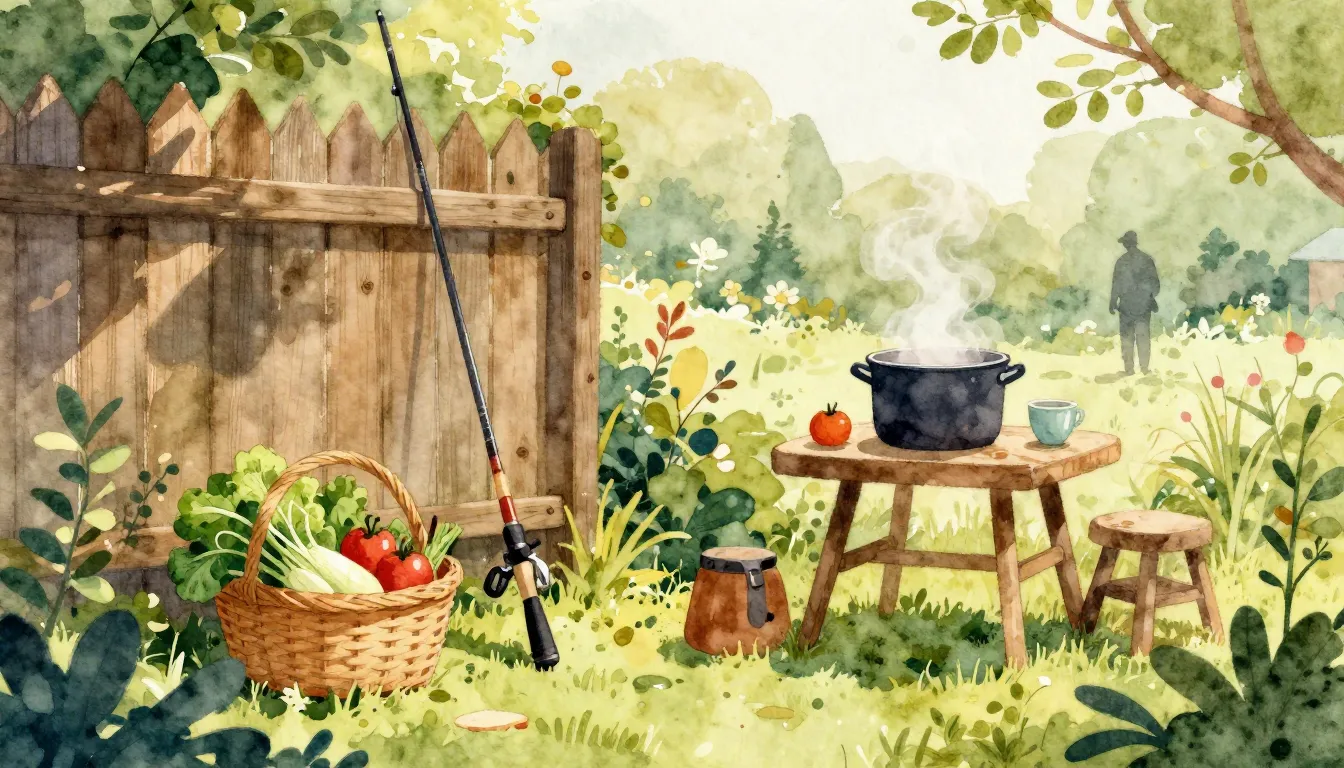 Watercolor style. Cozy garden scene with a fishing rod leani...