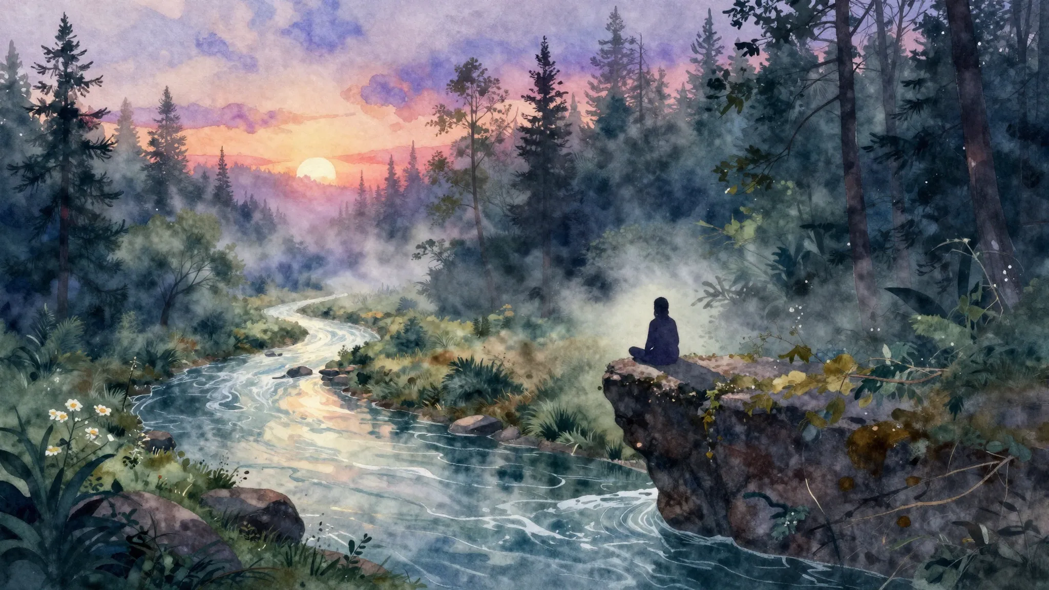 Vibrant watercolor style. A mystical, ethereal landscape. A ...