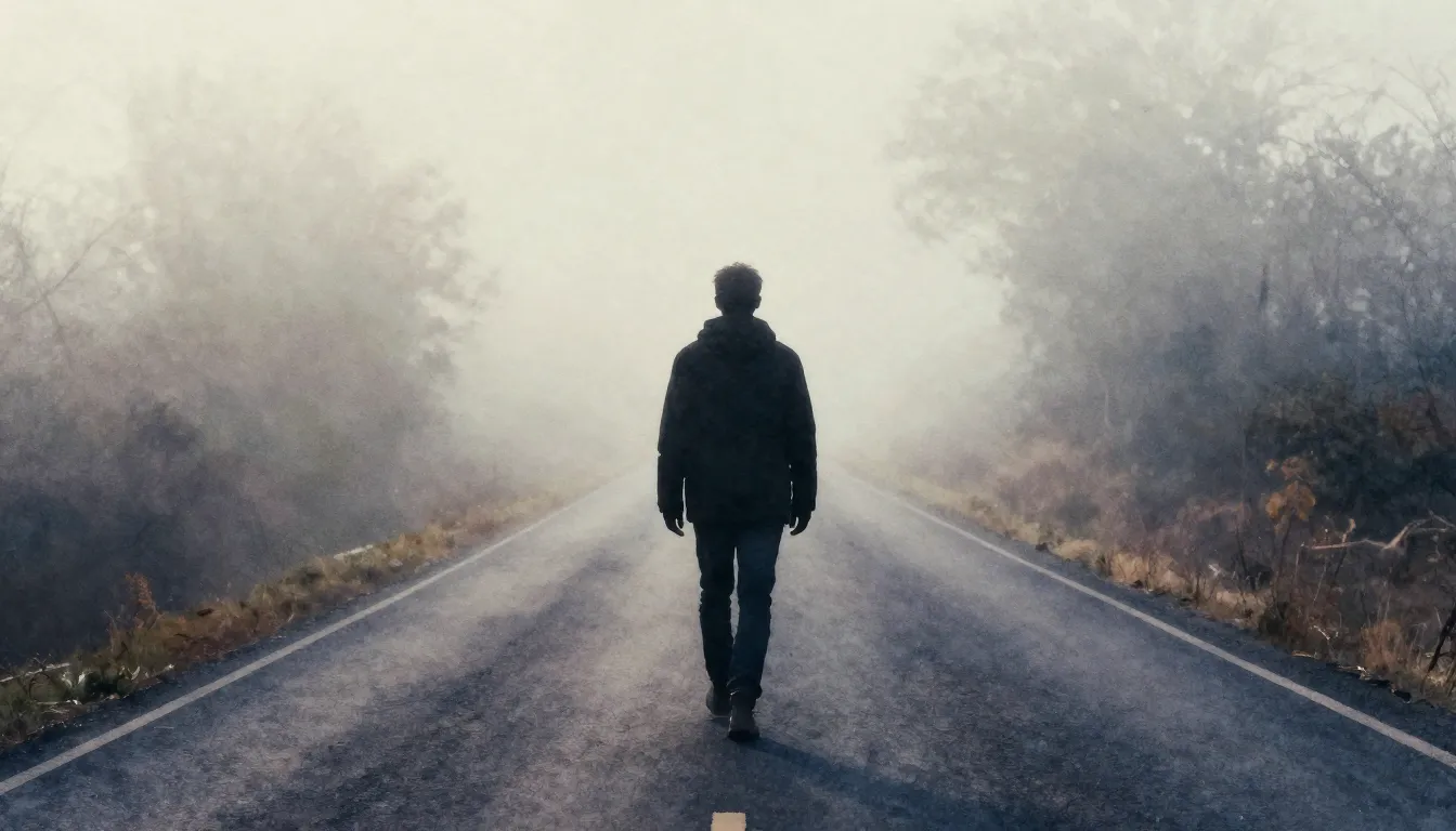 Watercolor style. A silhouette of a person walking away on a...