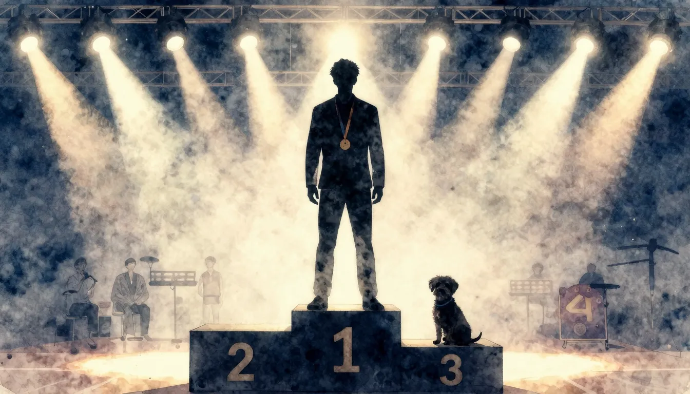 Watercolor style. A silhouette of a person and a small dog s...