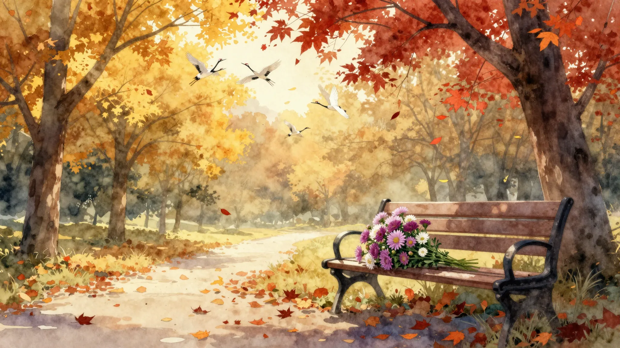 Watercolor style. Autumn park with falling leaves, silhouett...