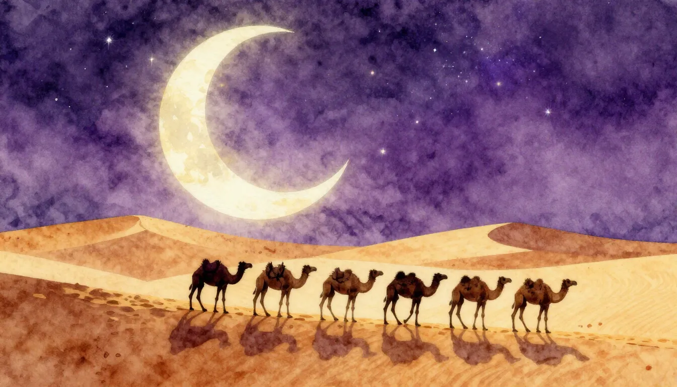 Watercolor style. Silhouette of a camel caravan walking thro...