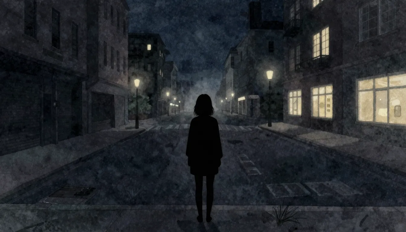 Watercolor style. A lonely silhouette of a young woman stand...