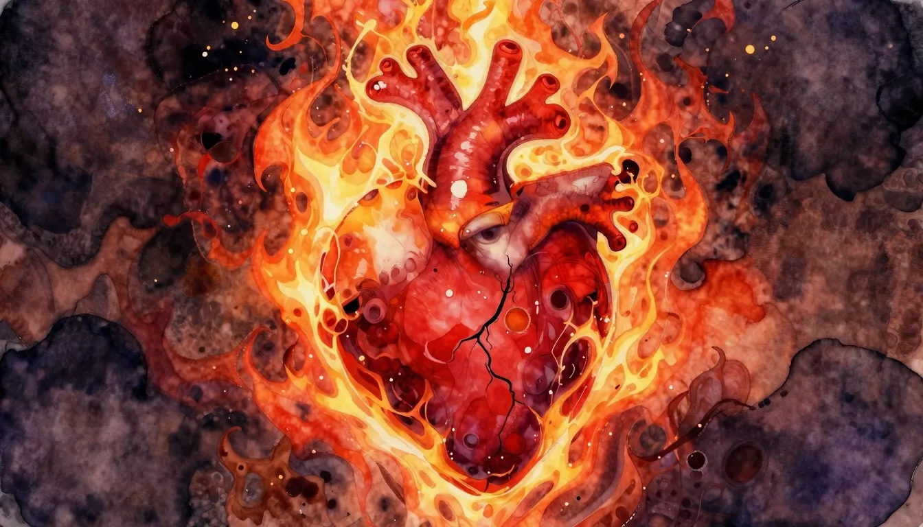 Vibrant watercolor style. Rock album cover, fiery heart, bur...