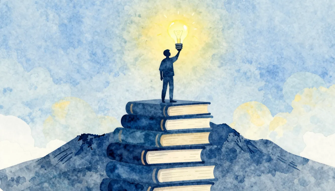 Watercolor style. A silhouette of a person standing on a mou...