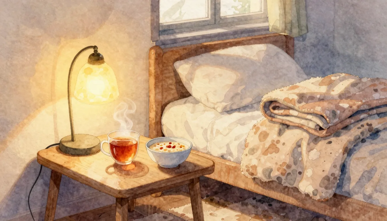 Watercolor style. A cozy room with a warm glowing lamp, a sm...