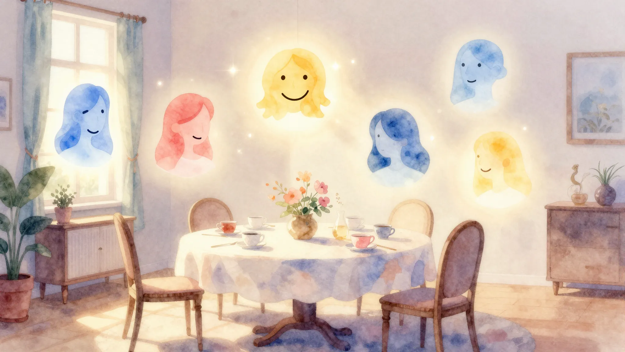 Watercolor style. A cozy round table set for a tea party in ...
