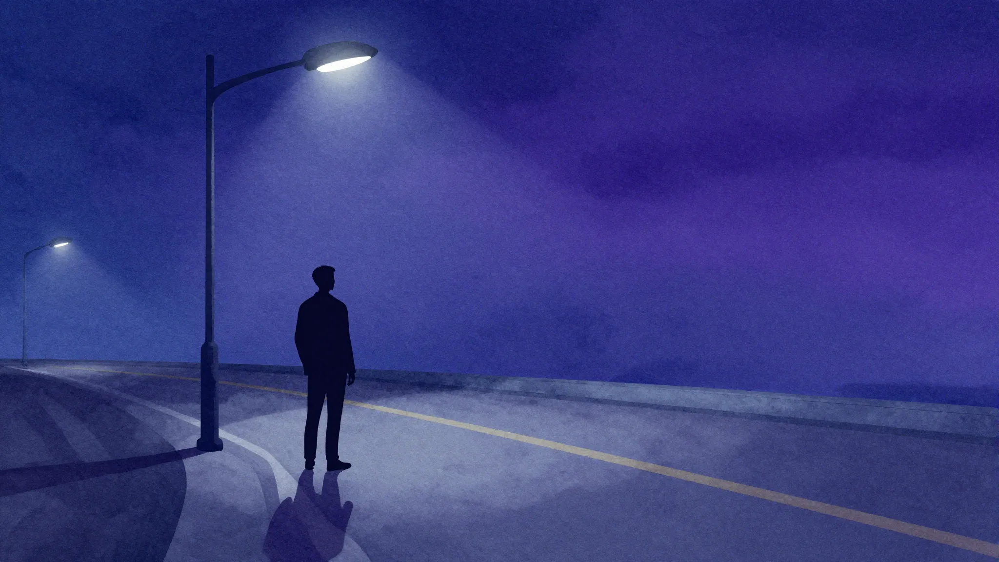 Watercolor style. A dark silhouette of a lonely man standing...