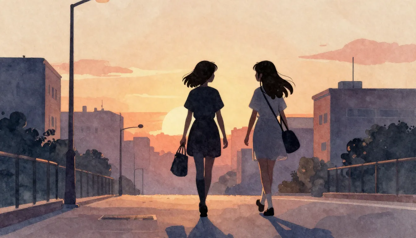 Watercolor style. Two silhouettes of girls walking in a city...