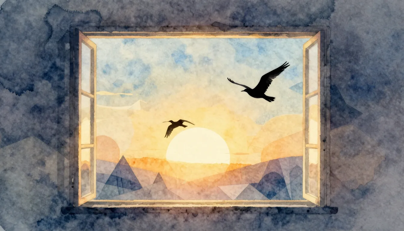 Watercolor style. Silhouettes of birds flying away from a la...