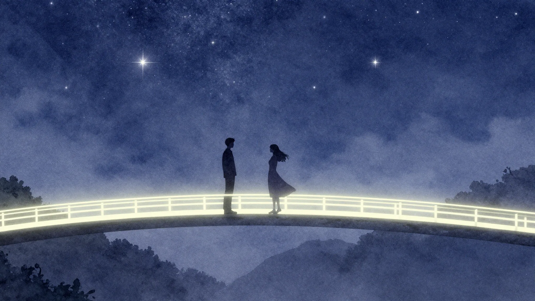 Watercolor style. A silhouette of a couple standing on oppos...