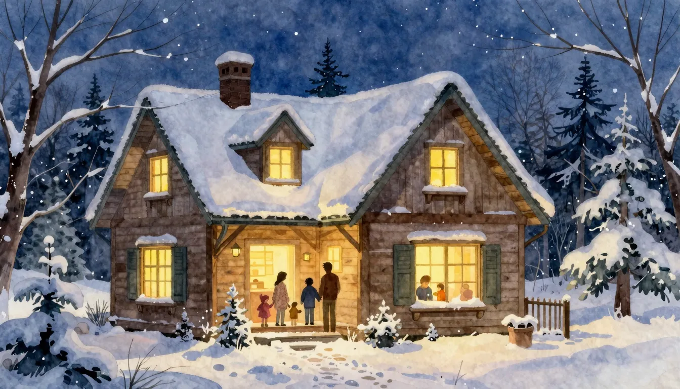 Watercolor style. A cozy winter house covered in snow, warm ...